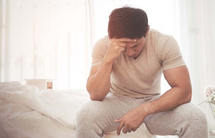 アジアの男性が頭痛でベッドで目を覚まし、ストレス