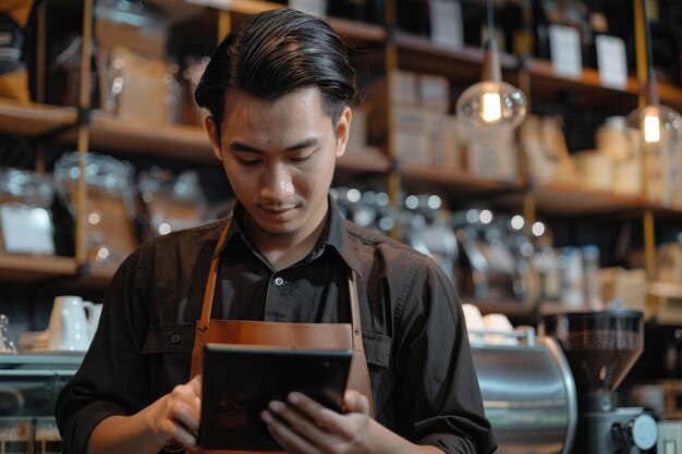 Asian man barista checks orders on tablet in cafe