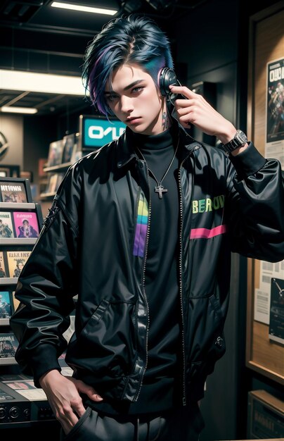 an asian man in a black parachute jacket posing very manly in a book store