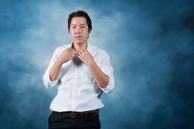 asian man on blue background, teenager