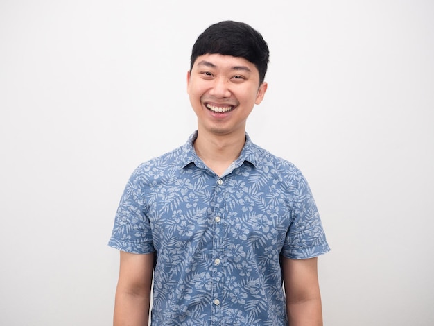 Asian man blue shirt smiling portrait white background