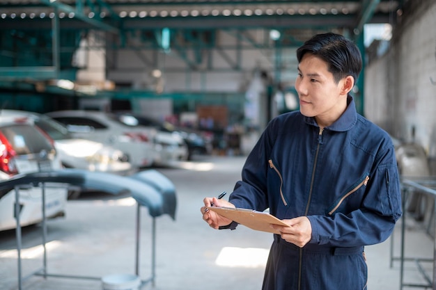 Asian man car mechanic is checking report in auto repair shop