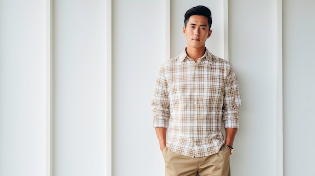 Asian man in checkered shirt and white pants white wall