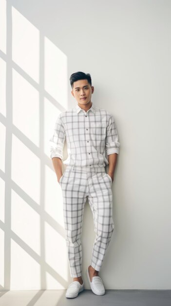 Photo asian man in checkered shirt and white pants white wall