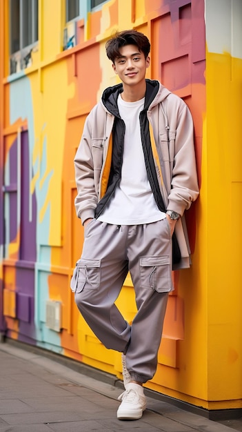 Asian man in colourful hoodie streetwear posing outdoor photoshoot