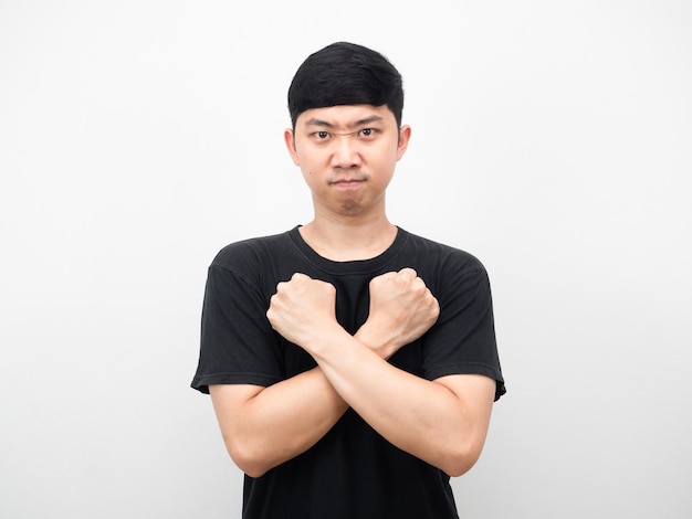 Asian man confident face gesture corssfist at his chest portrait