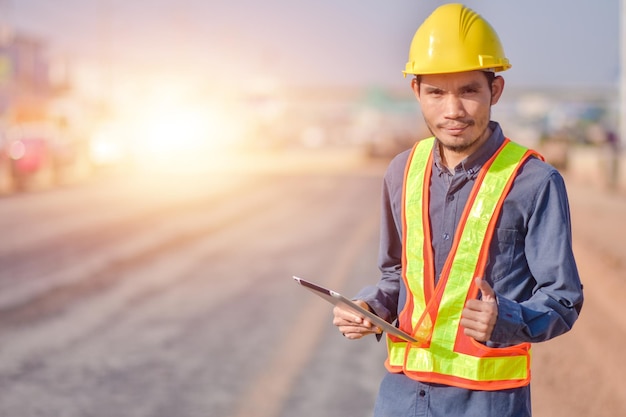 Asian man construction safety suit helmet onsite work asian man\
engineer