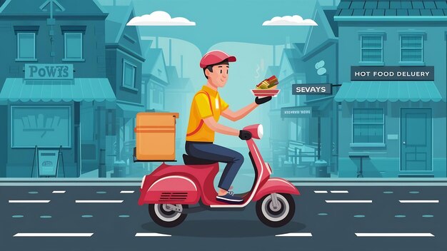 Asian man courier on scooter delivering food in town streets with a hot food delivery from take awa