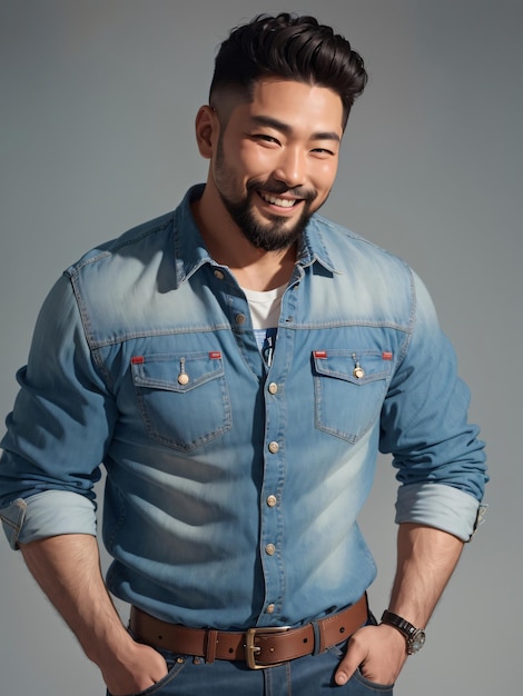 Asian Man in Denim Shirt