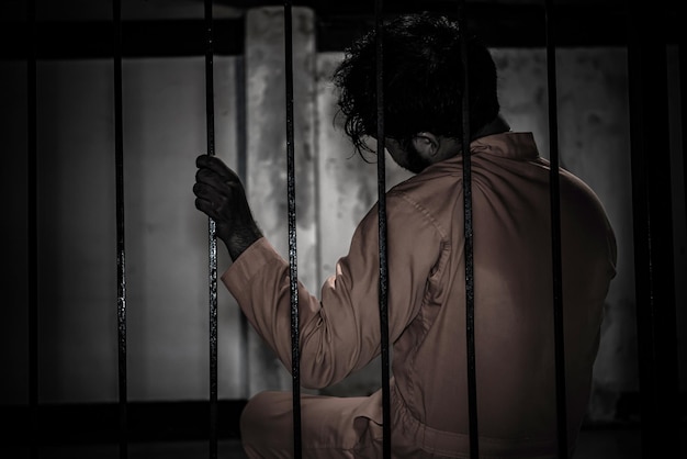 Фото Азиатский мужчина в отчаянии от железной тюрьмыконцепция заключенноготаиландцынадеются на свободусерьезные заключенные заключены в тюрьму