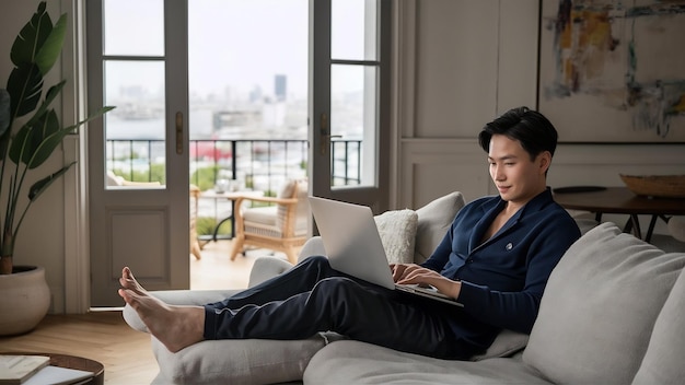 Photo asian man doing freelance work on laptop siiting on sofa at home