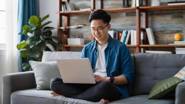 アジア人男性がラップトップでフリーランスの仕事をし自宅のソファに座っています