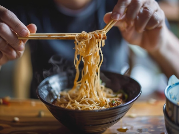 아시아인 남자가 식당에서 가락으로 일본식 시라타키 누들 (Shirataki noodles) 을 먹고 있다.