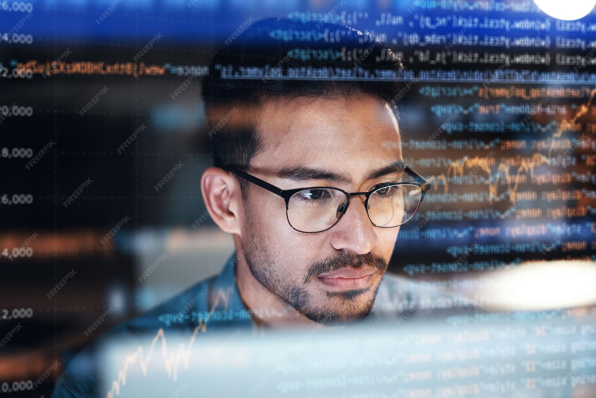 Premium Photo | Asian man face and programming at night with code ...