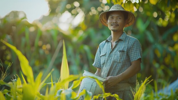 写真 アジアの男性農夫は庭のトウモロコシの植物を肥やすために化学肥料のバケツを持っています概念農業の職業ライフスタイル