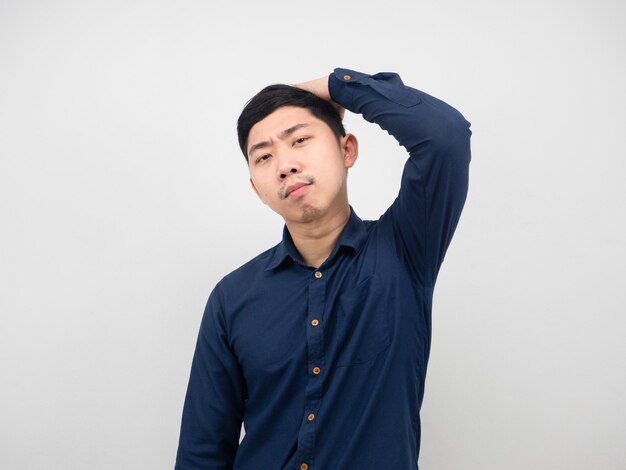 Asian man gesture confident looking and touch his head white background