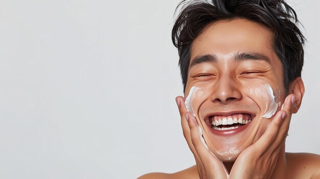 Asian man his cheeks covered cream smiles while covering eyes during skincare Generative aI