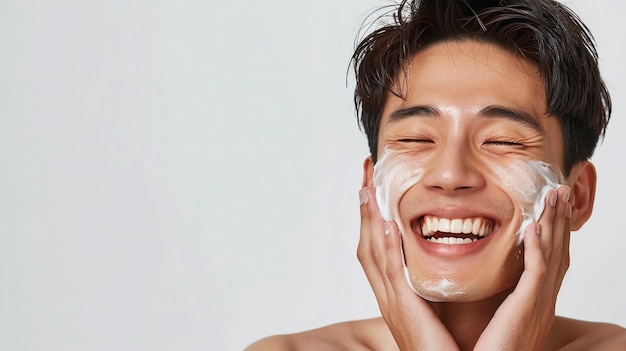 アジア人の男性彼のはクリームで覆われスキンケアの際に目を覆う間笑顔を浮かべます