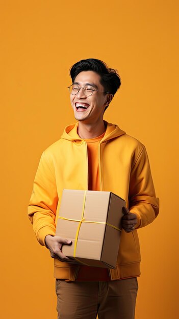 Asian man holding a box