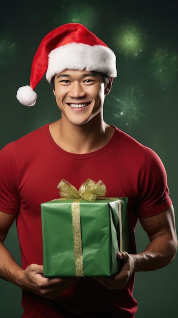 Asian man holding christmas gift box