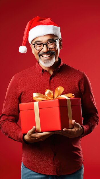 Asian man holding christmas gift box