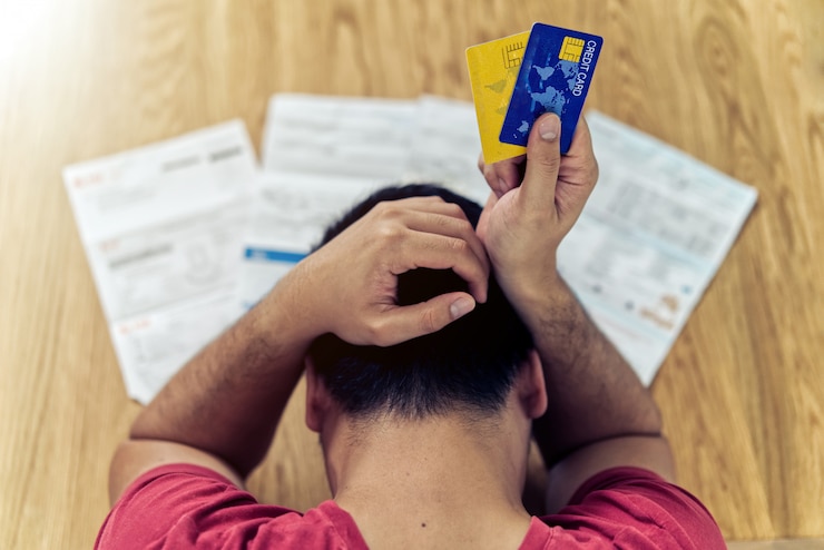 アジア人の男性がクレジットカードを保持しているとクレジットカードの負債とすべての手形を支払うためにお金を見つけることを考えて