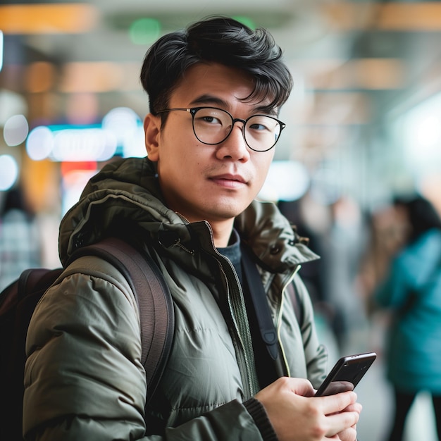Азиатский мужчина с телефоном в аэропорту