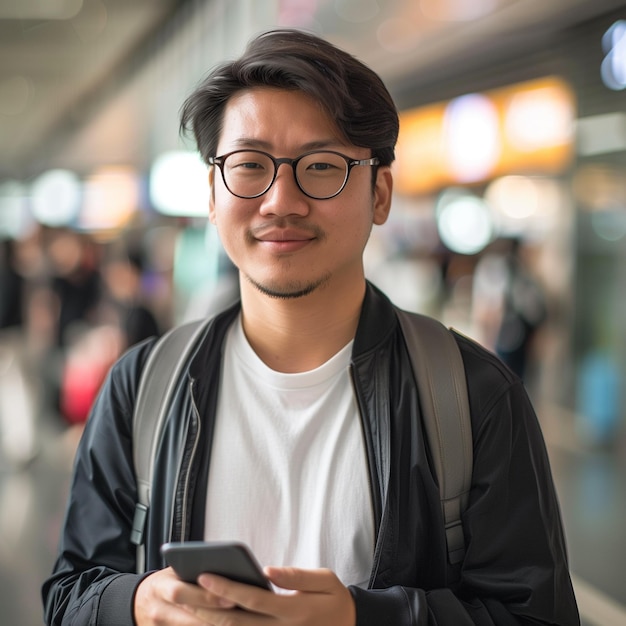 공항 에서 전화 를 들고 있는 아시아인 남자