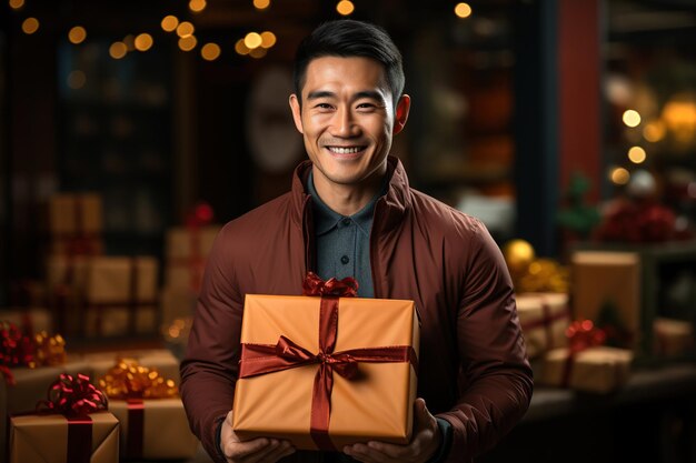 asian man holds a box with a Christmas gift in hands