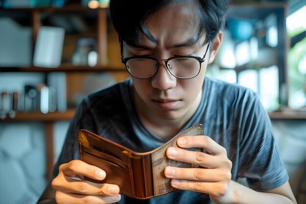 Photo an asian man holds an empty wallet symbolizing financial stress and the inability to pay bills or loans concept finance stress empty wallet debt bills