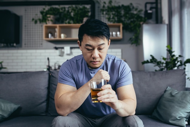 Uomo asiatico a casa da solo depresso che beve alcol forte uomo single