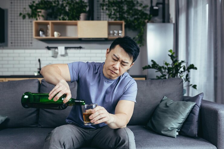 Photo 집에서 혼자 우울한 아시아 남자 독한 술을 마시는 남자
