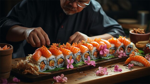 an asian man is preparing sushi on a wooden table