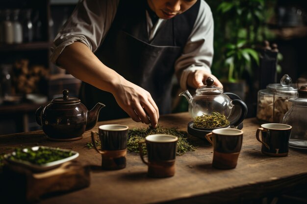 写真 アジア人男性がお茶を作っています