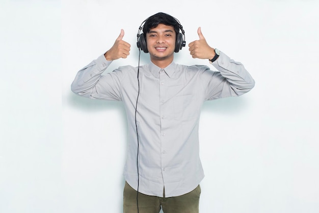 Asian man operator customer service with ok sign gesture tumb up isolated on white background