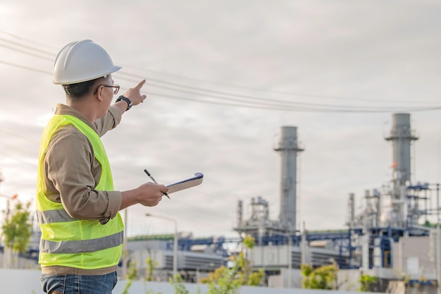 Asian man petrochemical engineer working at oil and gas refinery plant industry factoryThe people worker man engineer work control at power plant energy industry manufacturing