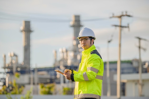 Asian man petrochemical engineer working at oil and gas refinery plant industry factoryThe people worker man engineer work control at power plant energy industry manufacturing