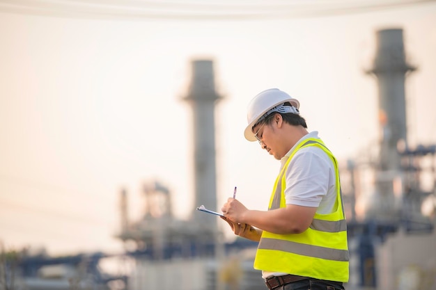 Asian man petrochemical engineer working at oil and gas refinery plant industry factoryThe people worker man engineer work control at power plant energy industry manufacturing