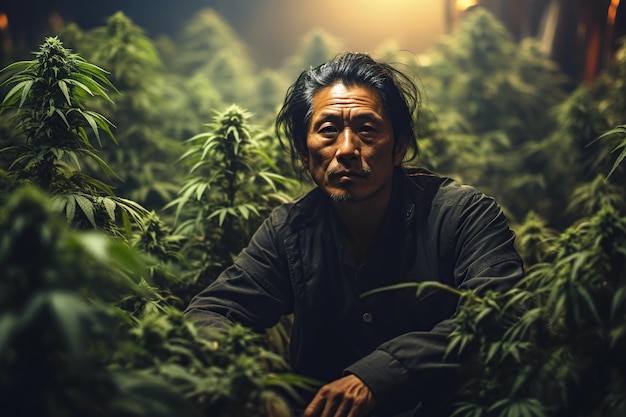 Asian man on plantation field with a crop of marijuana cannabis bushes