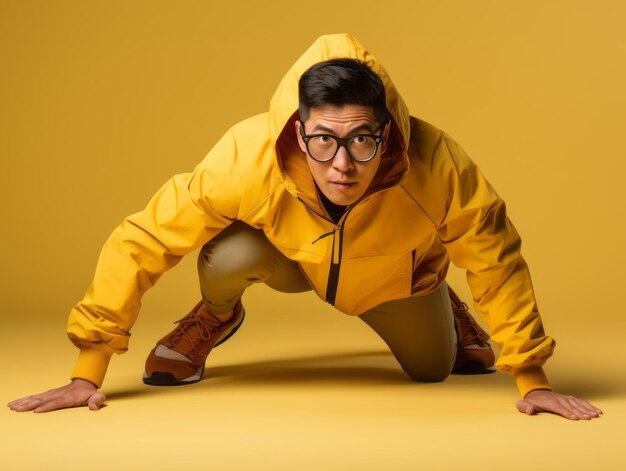 Asian man in playful pose on solid background