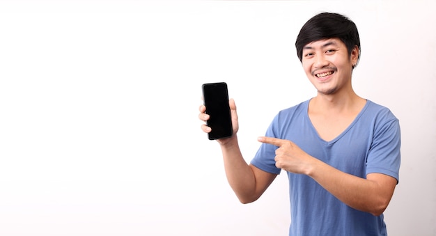 Asian man presenting smart phone on white background