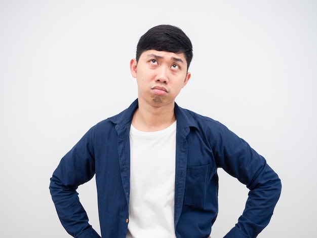 Asian man sad emotion depressed at his face on white background,Sad man portrait looking up concept