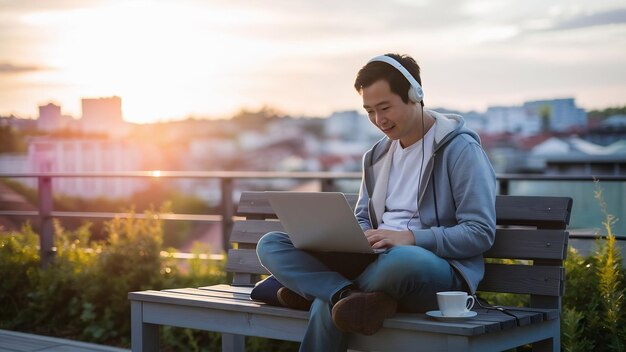 Asian man sitting on bench outdoors with laptop and listening to online webinar