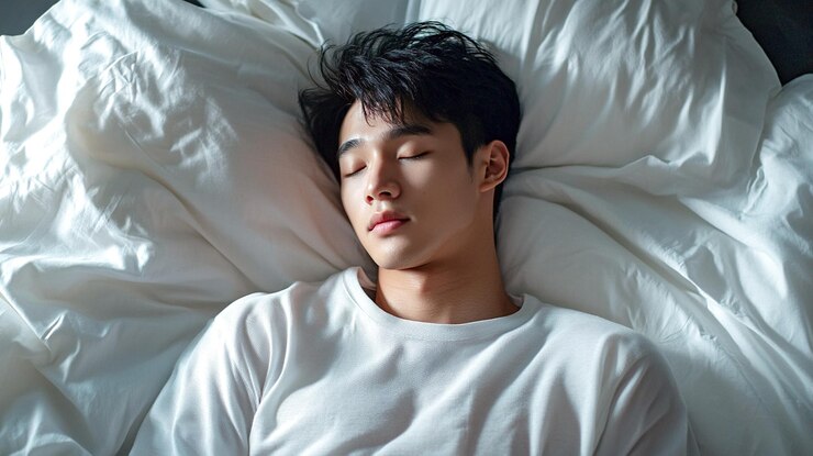 Photo a asian man sleeping in bed at day