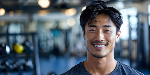 写真 アジア人男性がジムで自信をもって微笑んでいるコンセプト フィットネス 写真 ジム 肖像画 笑顔のアジア人自信のある男性 ワークアウトセッション