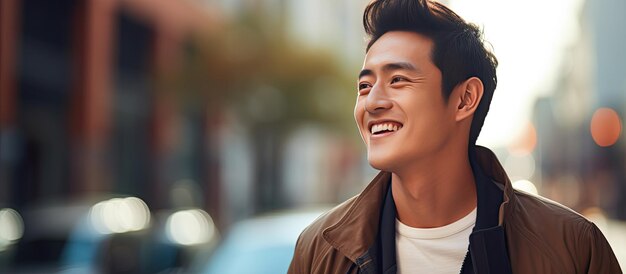 Asian man smiling and looking away in closeup street portrait copy space