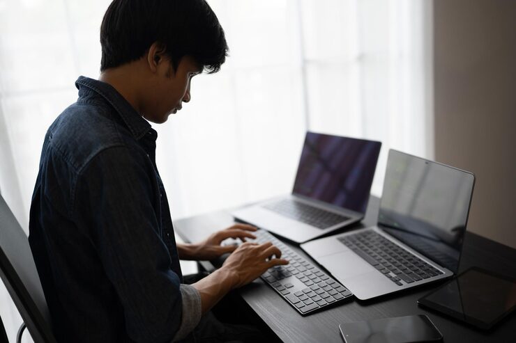 Photo 아시아 남성 소프트웨어 엔지니어 it 프로그램 코드를 작성하기 위해 사무실 책상에서 컴퓨터에서 일합니다 소프트웨어 엔지니어는 오류를 찾고 기술 지원을 제공합니다 디지털 개발을 만니다.