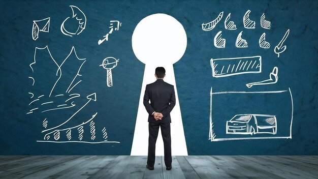 Asian man standing in front of keyhole with drawing business concept