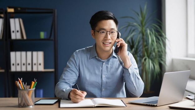 Photo asian man telemarketer working in offfice