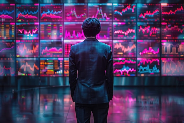 Asian man trader in suit on the background of huge monitors with charts